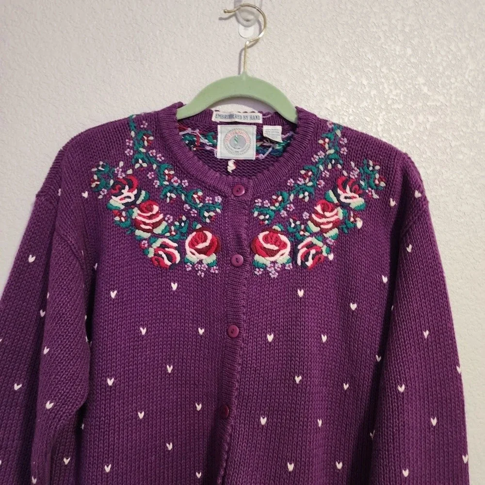 CAPE ISLE KNITTERS VTG Purple Floral Embroidered Cardigan Grandmacore‎ S